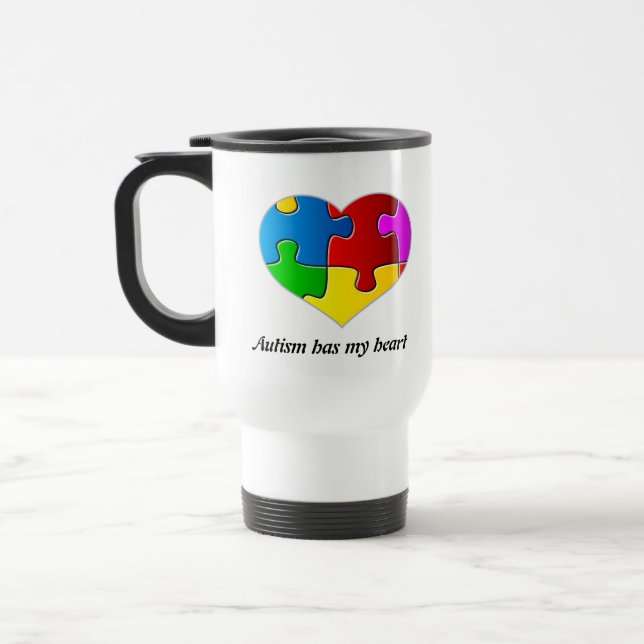Autism Has My Heart, travel mug white... (Left)