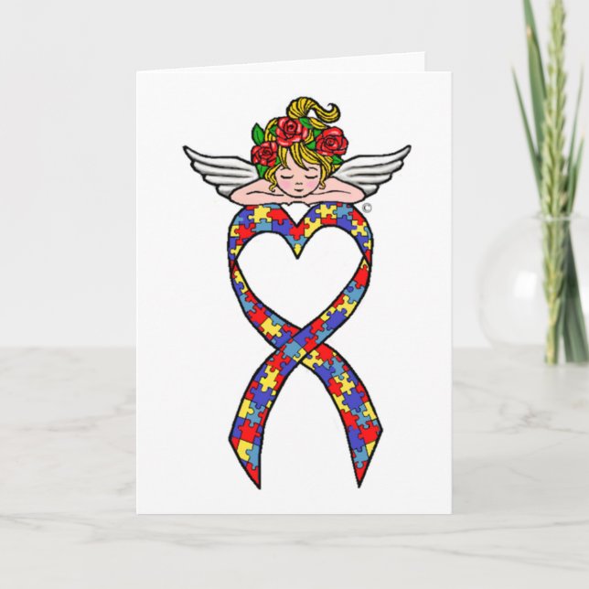 Autism Heart Ribbon Angel Card (Front)