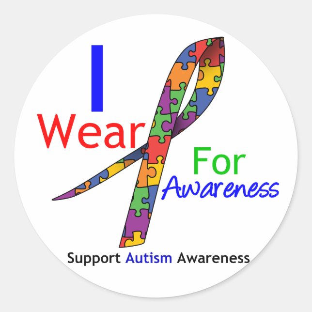 Autism I Wear Puzzle Ribbon For Awareness Classic Round Sticker (Front)