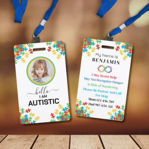 Autism ID Child or Adult Medical Alert Badge ID Badge