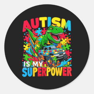 Autism Is My Superpower Dino Boys Monster Truck Classic Round Sticker