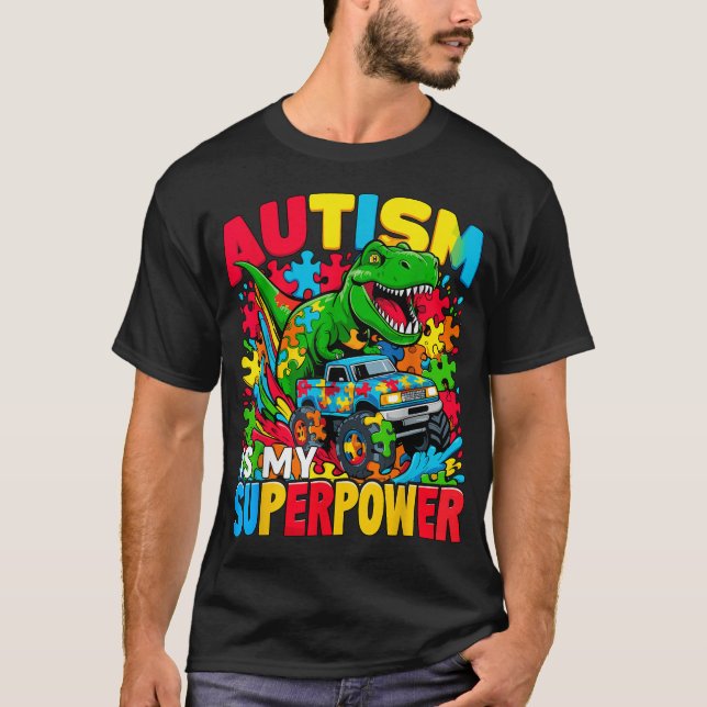  Autism Is My Superpower Dino Boys Monster Truck T-Shirt (Front)