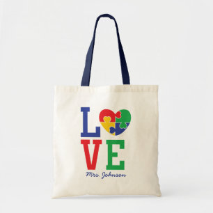 Autism Love   Cute Puzzle Piece Heart Teacher Tote Bag