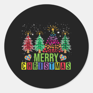 Autism Merry Christmas Tree Buffalo Plaid Matching Classic Round Sticker