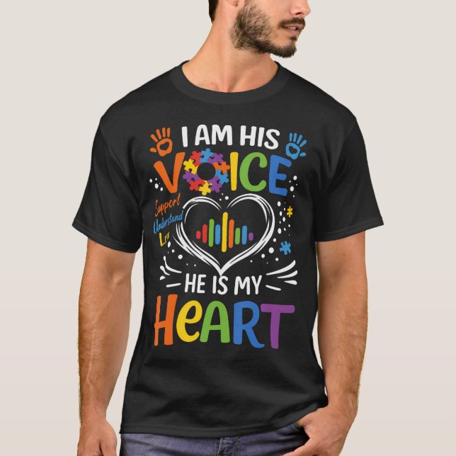 Autism Mom I Am His Voice He Is My Heart Puzzle T-Shirt (Front)