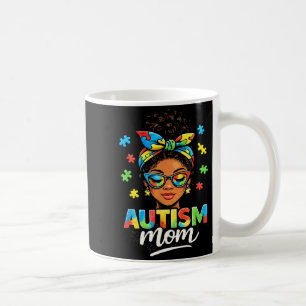 Autism mom messy bun black women world autism coffee mug