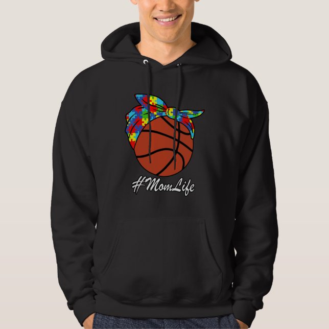 Autism Mum Basketball Messy Bun Autism Awareness Hoodie (Front)