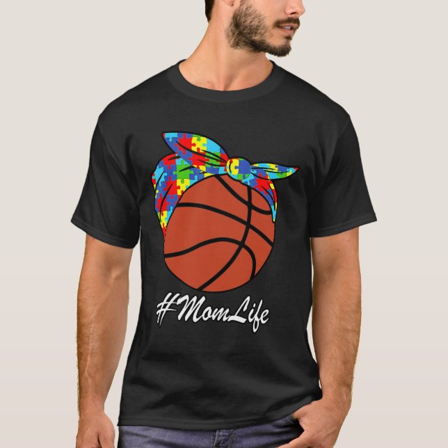 Autism Mum Basketball Messy Bun Autism Awareness T-Shirt (Front)