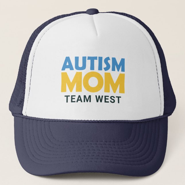 Autism Mum Blue Yellow Personalised Team Name Trucker Hat (Front)
