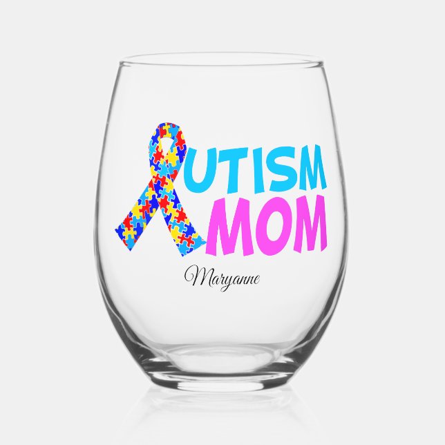 Autism Mum Cute Personalised Mother's Day Gift Stemless Wine Glass (Front)