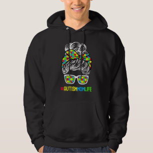 Autism Mum Life Awareness Messy Bun Puzzle Piece M Hoodie