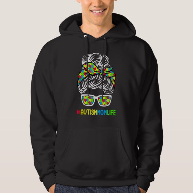 Autism Mum Life Awareness Messy Bun Puzzle Piece M Hoodie (Front)