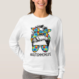 Autism Mum Life Messy Bun Sunglasses Bandanna Moth T-Shirt