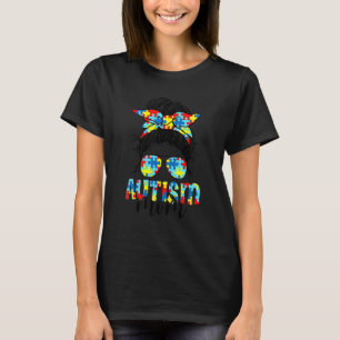 Autism Mum Life Messy Bun Sunglasses Bandanna Moth T-Shirt
