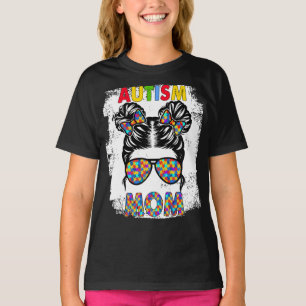 Autism Mum Life Messy Bun Sunglasses Bandanna Moth T-Shirt