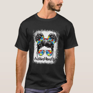 Autism Mum Life Messy Bun Sunglasses Bandanna Moth T-Shirt