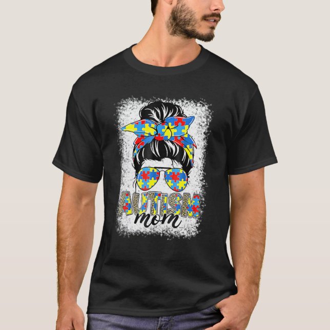 Autism Mum Life Messy Bun Sunglasses Bandanna Moth T-Shirt (Front)