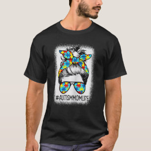 Autism Mum Life Messy Bun Sunglasses Bandanna Moth T-Shirt