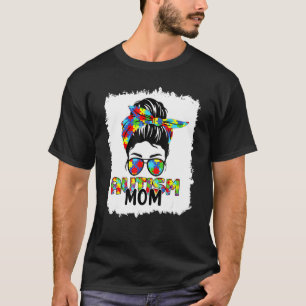 Autism Mum Life Messy Bun Sunglasses Bandanna Moth T-Shirt
