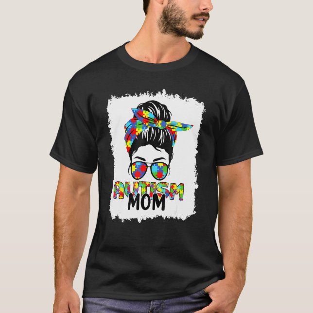 Autism Mum Life Messy Bun Sunglasses Bandanna Moth T-Shirt (Front)