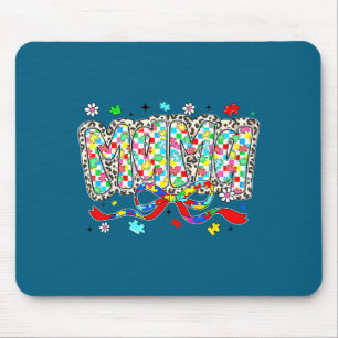 Autism mum mama leopard chequered puzzle piece bow mouse mat