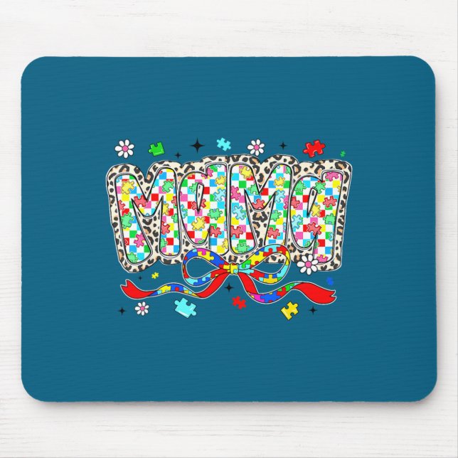Autism mum mama leopard chequered puzzle piece bow mouse mat (Front)