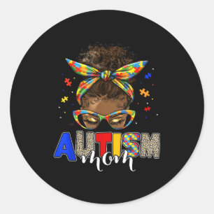 Autism mum messy bun black women autism awareness classic round sticker