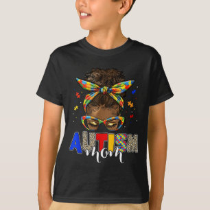 Autism mum messy bun black women autism awareness T-Shirt
