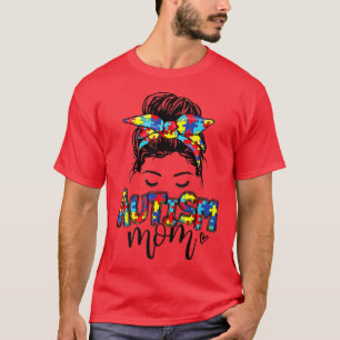 Autism Mum Messy Bun Hair Autism Awareness Puzzle T-Shirt