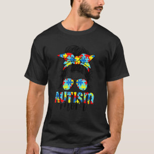 Autism Mum Messy Bun Hair Autism Awareness Puzzle T-Shirt