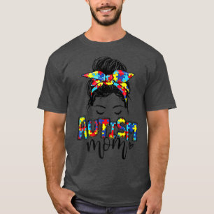 Autism Mum Messy Bun Hair Autism Awareness Puzzle T-Shirt