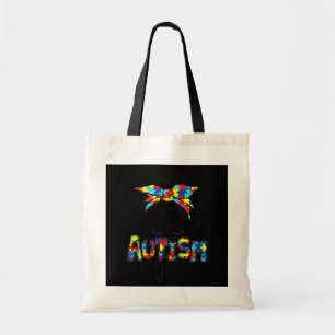 Autism Mum Messy Bun Hair Autism Awareness Puzzle Tote Bag
