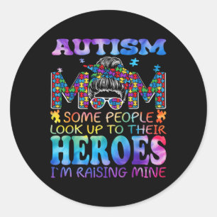 Autism Mum Raising Hero Groovy Messy Bun Autism Aw Classic Round Sticker