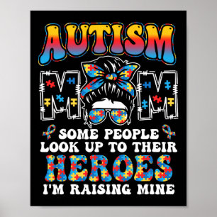 Autism Mum Raising Hero Groovy Messy Bun Autism Aw Poster