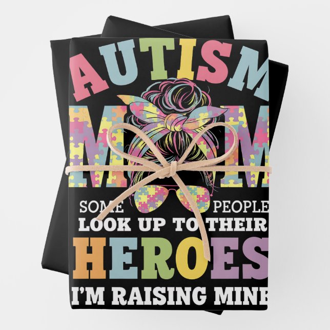 Autism Mum Raising Hero Messy Bun Autistic Wrapping Paper Sheet (In situ)