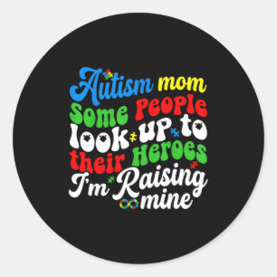 Autism mum raising my hero groovy retro puzzle classic round sticker