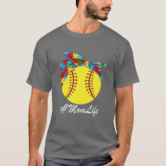 Autism Mum Softball Messy Bun Autism Awareness T-Shirt