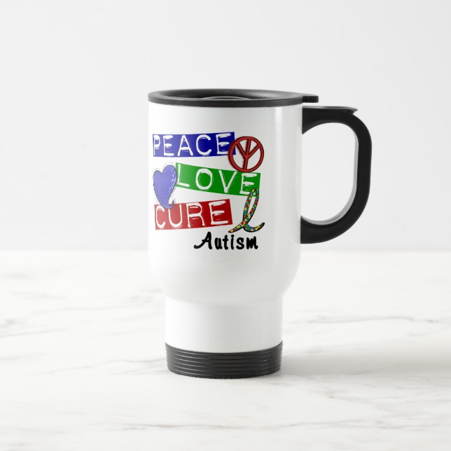 Autism PEACE LOVE CURE Travel Mug (Right)
