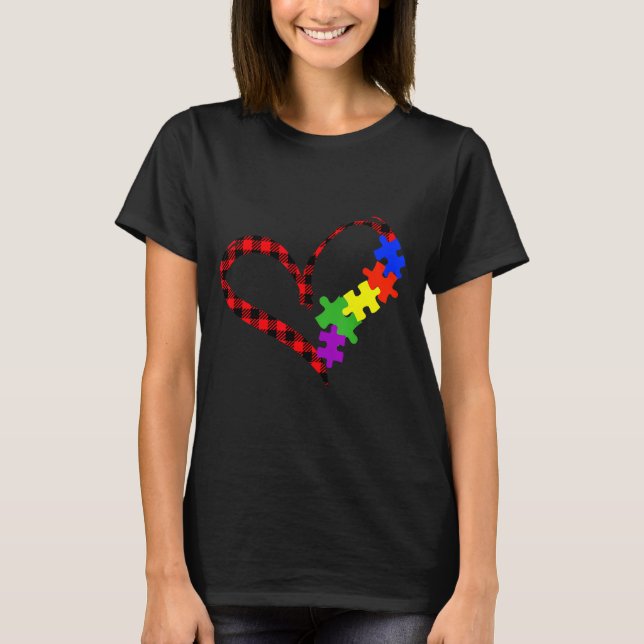 Autism Puzzle Buffalo Plaid Love Christmas Graphic T-Shirt (Front)