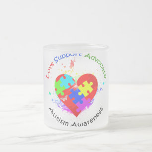 Autism Puzzle on Heart Frosted Glass Coffee Mug