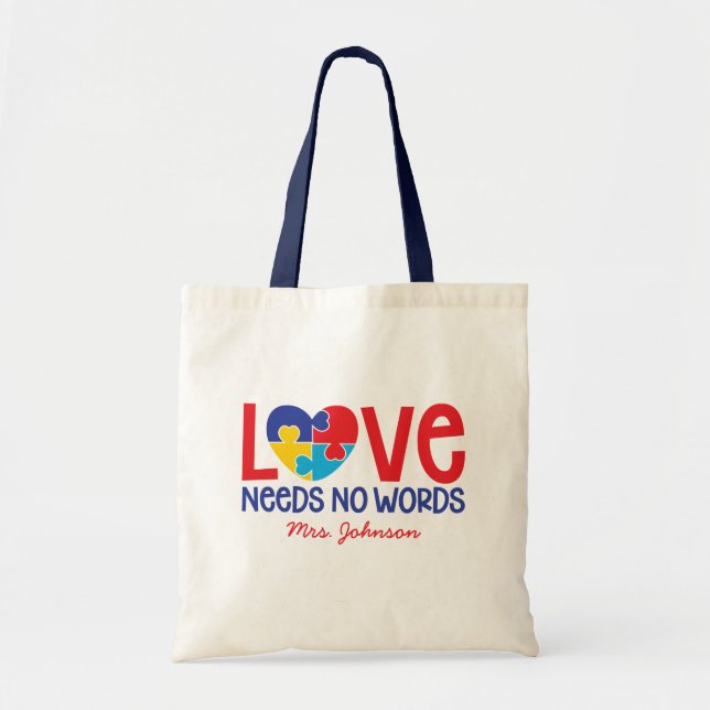 Autism Puzzle Piece Heart Personalized Teacher Tote Bag (Front)