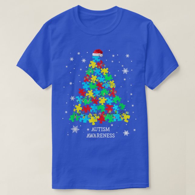 Autism Puzzle Pieces Christmas Tree Xmas Lights Su T-Shirt (Design Front)