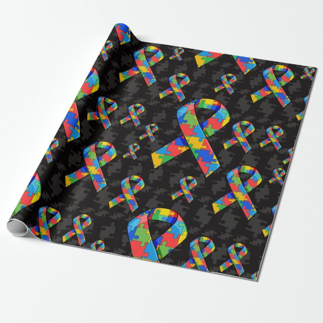 Autism Puzzle Ribbon Wrapping Paper (Unrolled)