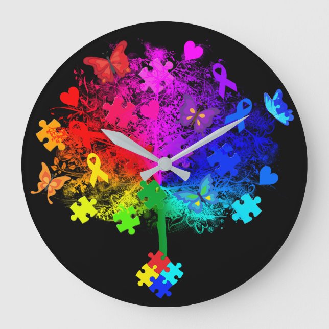 Autism Rainbow Tree Large Clock (Front)