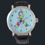 Autism Ribbon Blue Watch<br><div class="desc">Beautiful autism ribbon filled with puzzle pieces of all colours of the rainbow. A pretty autism awareness gift on a clockface.</div>