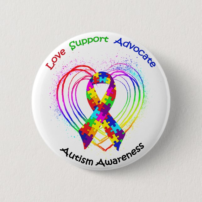 Autism Ribbon on Heart: 6 Cm Round Badge (Front)