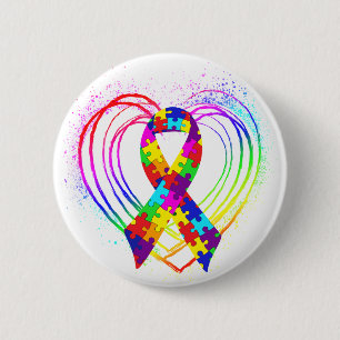 Autism Ribbon on Heart: 6 Cm Round Badge