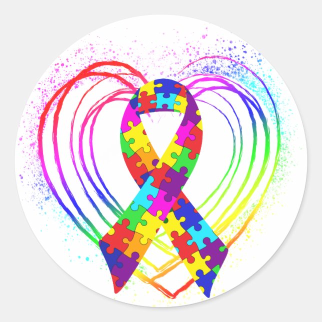 Autism Ribbon on Heart: Classic Round Sticker (Front)