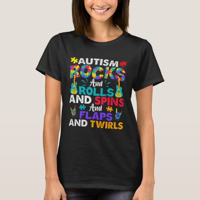 Autism Rocks And Rolls  Autism Awareness Month T-Shirt (Front)