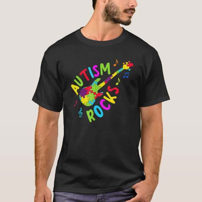 Autism Rocks Autism Awareness Guitar Puzzle Pieces T-Shirt (Front)